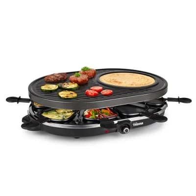 Abbildung von Tristar Raclette, 8 Raclettepfännchen, 1200 W, Gerät für 2 Personen, ovaler Elektro Tischgrill groß Crepesmaker