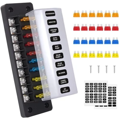 Abbildung von GUNGY KFZ Sicherungshalter 12 Volt Sicherungskasten 10 Fach Flachsicherung mit 24Pcs Sicherungen und Etiketten für Auto Boot Wohnmobil