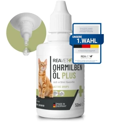 Abbildung von ReaVET Ohrmilbenöl Plus 50ml sofort wirksames Mittel für Katzen gegen Ohrmilben mit Kamille Katze, Sanfte Pflege bei Juckreiz im Ohr, Ohrentropfen Milben, Ohrenreiniger