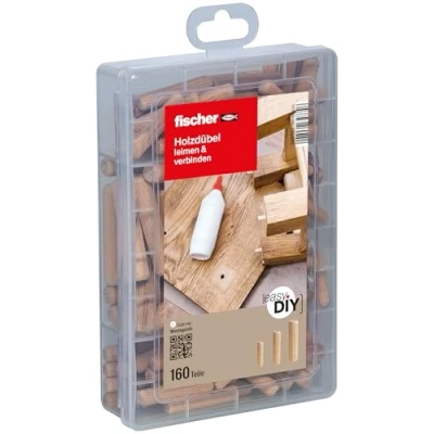 Abbildung von fischer easyDIY Box Holzdübel, leimen und verbinden, 160 teiliges Dübelset, 6 10 mm Durchmesser, 30 50 Länge, für Heimwerker, perfekt Schubladen, Schränke Möbelbau