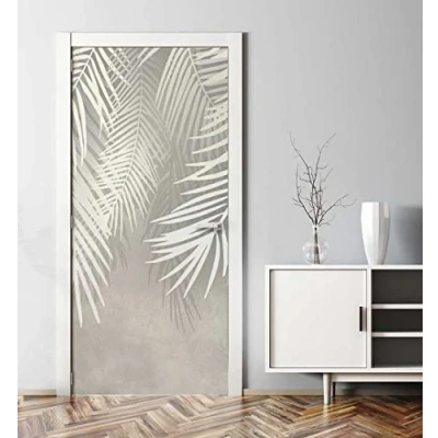 Abbildung von MyMaxxi Tür bekleben mit Türtapete Selbstklebend 90x200 hängende Palmenblätter Silber verschönern Türfolie Türaufkleber XXL Aufkleber Folie Türposter Türklebefolie Blatt Blüte grau