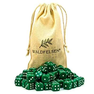 Abbildung von Waldfelsen 6, 12, 20, 30 oder 50 hochqualitative Würfel Standardgröße 16 mm Acrylwürfel Knobel Spielwürfel Dice 6 seitig sechsseitig Spielzubehör Set mit Stoffbeutel (Grün, Stück)