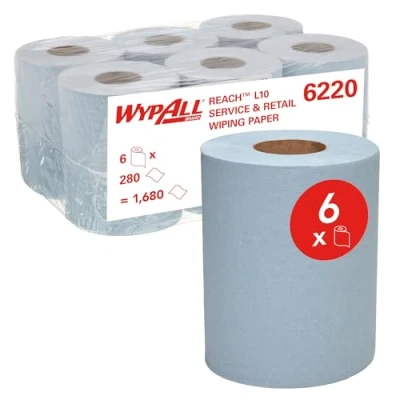 Abbildung von WypAll L10 Papier Reinigungstücher für Service u. Einzelhandel 6220 1 lagige blaue Rolle mit Zentralentnahme 6 Rollen x 280 Wischtücher (insges. 1.680)