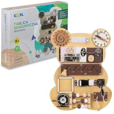 Abbildung von COIL Motorikbrett Motorikwand Bär Montessori Spielzeug Aktivitätsbrett aus Holz, mit Schloss, Riegel, Sicherheitsverschluss, Uhr