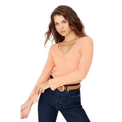 Abbildung von Trendyol Damen Regular Standard V Ausschnitt Strickbluse Hemd, Lachsfarben, X Large