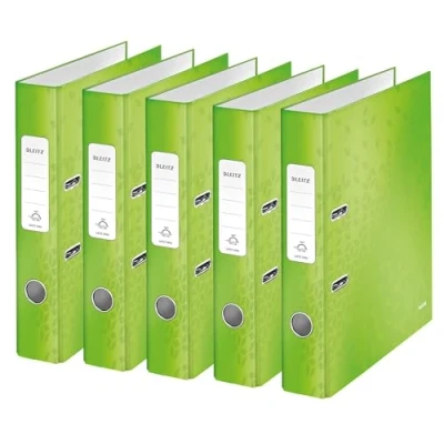 Abbildung von Leitz Qualitäts Ordner 180, 5er Pack, A4, schmal, 5,2 cm Rückenbreite, laminierte Graupappe, Grün, WOW Serie, 10064054