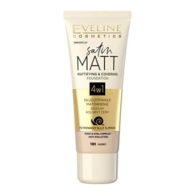 Abbildung von Eveline Cosmetics Satin Matt Matting Mattierende und deckende Gesichtsgrundierung, 30 ml, Nr. 101 Ivory