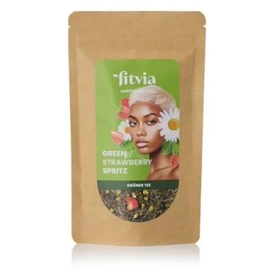 Abbildung von fitvia Grüner Tee &quot;Green Strawberry Spritz&quot;: loser Tee, Erdbeeren &amp; Kamille echte Fruchtstücke Blüten, ohne Zuckerzusatz, 100g