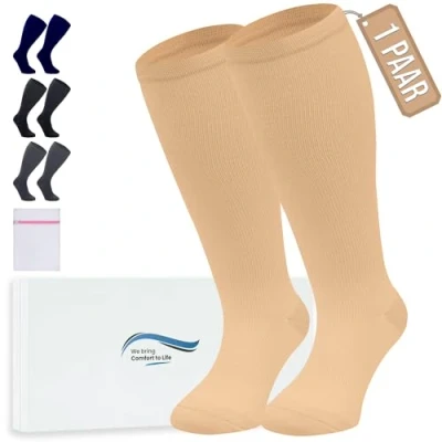 Abbildung von 360 Relief Kompressionsstrümpfe Damen und Herren 1 Paar Kompressionssocken Einfarbig für Sport, Laufen, Flug, Reise, Joggen, Radsport, Kniestrümpfe, 4XL Beige mit Wäschenetz