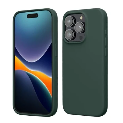 Abbildung von kwmobile Hülle für das iPhone 15 Pro Silikon Handy Case stoßfeste Handyhülle mit weicher Oberfläche Moosgrün