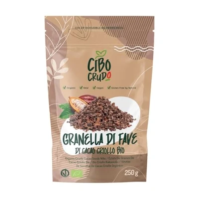 Abbildung von Kakao Nibs Bio und Roh 250g. Kakaonibs aus Rohkakao Bohnen ohne Zucker Ungeröstet zum Essen oder in der Küche. Kakaobohnen Stücken. Raw Cacao Nibs.