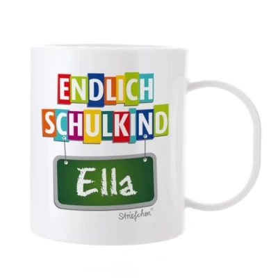 Abbildung von Striefchen® Tasse aus Kunststoff zur Schuleinführung mit eigenem Namen