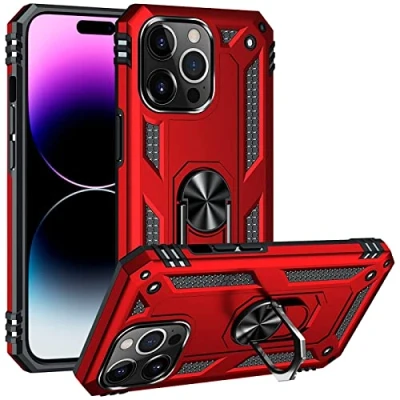 Abbildung von Verco Hybrid Armor Shiel Case für iPhone 14 Pro Max Hülle, extrem robust mit Magnet Fingerring Halter Handyhülle Panzerhülle, Rot