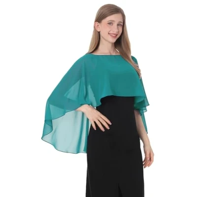 Abbildung von Baoqiya Chiffon Capelets für Frauen, weiche Schals und Wraps Abendkleider, Brautjungfern, Hochzeit, durchsichtiger Umhang, Tealgreen, Einheitsgröße