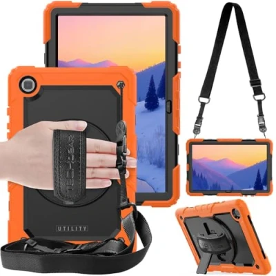 Abbildung von TECHGEAR Utility Hülle Kompatibel mit Samsung Galaxy Tab A7 10.4 (SM T500/SM T505) Robust Stoßfest Outdoor Schutzhülle 360 Grad Schwenkständer, Hand Schultergurt Eingebaut Bildschirm Orange