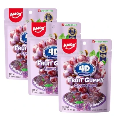 Abbildung von Amos 4D Fruchtgummi mit Traubengelee Füllung, Fruchtsnack natürlichem Traubenaroma, 65g Beutel (3er Pack)
