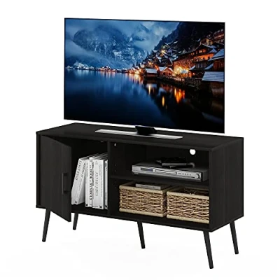 Abbildung von Furinno Claude TV Ständer im Mid Century Stil mit Holzbeinen, Holzwerkstoff, Espresso, 110(W) x 62.8(H) 42.7(D) cm