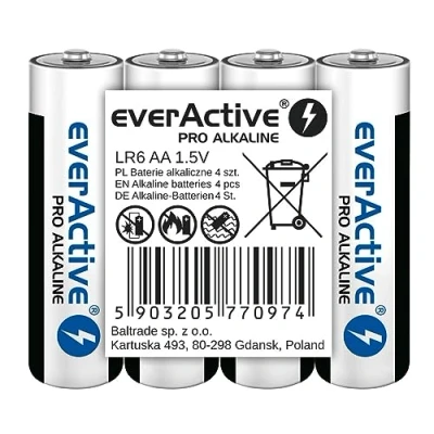 Abbildung von everActive AA Batterien 4er Pack, Pro Alkaline, Mignon LR6 R6 1.5V, höchster Leistung, 10 Jahre Haltbarkeit, 4 Stück