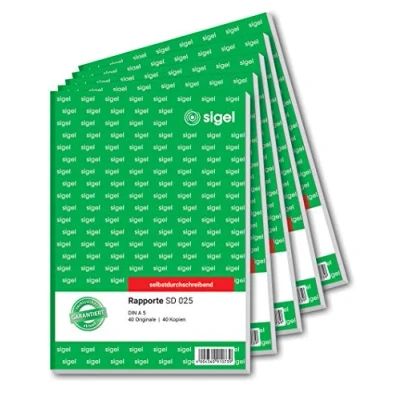 Abbildung von SIGEL SD025/5 Rapport A5, 2x40 Blatt, selbstdurchschreibend, 5er Pack, mikroperforiert, mit Abheftlochung, aus nachhaltigem Papier