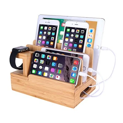 Abbildung von MOZOWO Schreibtisch Organizer Bambus Holz Ladestation Ladegerät Halterung Ständer compatible with iPhone 11 Pro Max XS XR X 8 Plus iPad Apple Watch 2 3 4 iWatch Samsung Smartphones Tablets