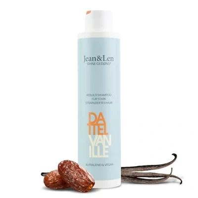 Abbildung von Jean &amp; Len Rebuild Shampoo Dattel Vanille, für stark strapaziertes Haar, lässt die Haare kräftiger und glanzvoller aussehen, mit Vanille Duft, ohne Silikone Parabene, vegan, 300 ml