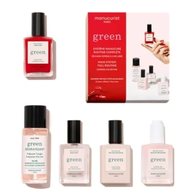 Abbildung von Manucurist Green™ System Rot (Poppy Red) Professionelles Maniküre Set, vegan, biobasiert: 1 Fettlöser, Base Coat, Nagellack Poppy Red, Top Trocknungstropfen Geschenkbox für Damen
