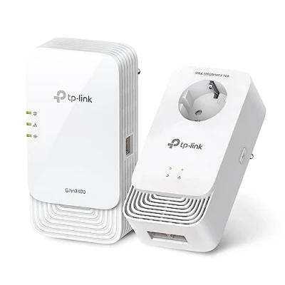 Abbildung von TP Link PGW2440 KIT WLAN Powerline 𝐆.𝐡𝐧𝟐𝟒𝟎𝟎, 𝐀𝐗𝟏𝟖𝟎𝟎 𝐖𝐢 𝐅𝐢 𝟔, bis zu 1428 Mbps über Powerline, Gigabit Ethernet, Extra Steckdose, Plug &amp; Play, Nicht kompatibel mit HomePlug AV/AV2