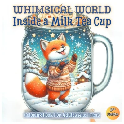 Abbildung von Whimsical World Inside a Milk Tea Cup Grayscale Coloring Book for Adults and Teens: Charming Designs of Adorable Creatures, Animals, Mythical Beings in Cozy Settings Relaxation Creativity