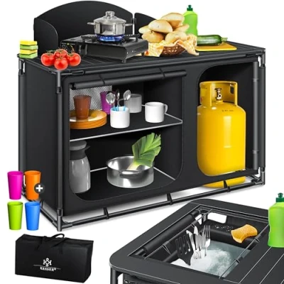 Abbildung von KESSER® Campingküche Inkl. Tragetasche &amp; Becherset Campingschrank Faltschrank mit Aluminiumgestell Reiseküche Küchenbox Zeltschrank Outdoor Camping Küche Schwarz/Schwarz Typ F4
