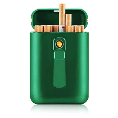 Abbildung von SANSH Zigarettenetui mit Feuerzeug, Zigarettenbox, für 20 Stück normale Zigaretten, tragbar, King Size USB wiederaufladbar, flammenlos, winddicht, elektrisches grün