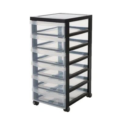 Abbildung von Iris Ohyama Kunststoff Schubladenbox mit Rollen, 6 flachen Schubladen, Schwarz, Griffe zum Ziehen, Für Schlafzimmer, Bad, Schule &amp; Büro, BPA frei, Schubladenschrank, Rollcontainer, A4 Drawer, DC 360