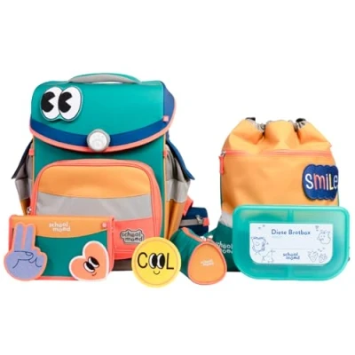 Abbildung von SCHOOL MOOD Timeless Pro Schulranzenset 7 teilig 23,5L Stauraum, ergonomisches Easy Fit System für 1 m bis 1,50 Körpergröße, standfest, wasserdichter Stoff mit Reflektoren (Happy Emerald)