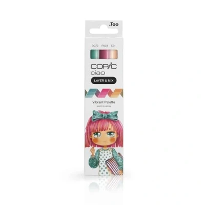 Abbildung von Copic Ciao LAYER &amp; MIX Vibrant Palette, Marker Set mit 3 verschiedenen Farben, Layoutmarker jeweils einer mittelbreiten und Brush Spitze