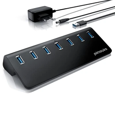 Abbildung von CSL 7 Port USB 3.0 Hub aktiv 10 Gbit/s Verteiler mit Netzteil Kabel, Stromversorgungskabel Aluminiumgehäuse PC Notebook Laptop Windows 11, kompatibel 3.2 2.0