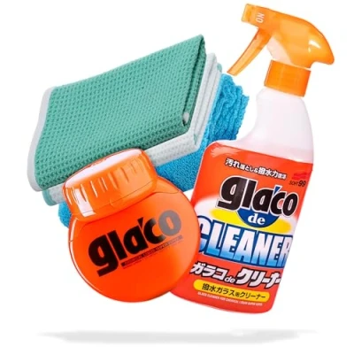Abbildung von detailmate Auto Scheiben Reinigung &amp; Versiegelung Bundle: Soft99 Glaco de Cleaner Glasreiniger 400ml + Roll On Large 120ml 2X Waffeltuch Poliertuch