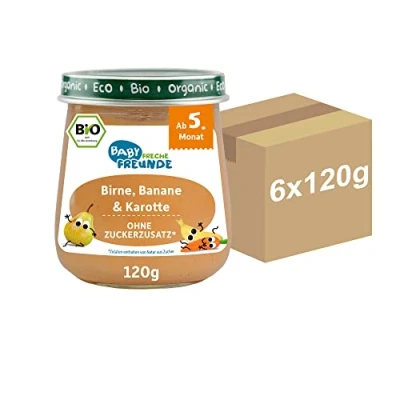 Abbildung von BABY FRECHE FREUNDE Bio Babybrei Gläschen Birne, Banane &amp; Karotte, für Babys ab 5 Monaten, ohne Zucker und Salzzusatz, vegan, 6er Pack (6 x 120g)