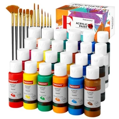Abbildung von Fantastory Acrylfarben Set 24 x 60ml,12 Pinsel; Gute Deckkraft,lichtbeständig,wasserfest Acrylic Paint; für Leinwand, Modelle, Holz, Keramik, Glas;Anfänger,Kunststudenten, Hobbykünstler[BalancedSerie]