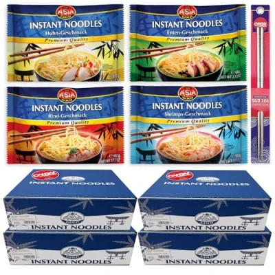 Abbildung von 120er Mix Set Asia Gold Instant Nudeln I je 30x Rind Huhn Shrimp Ente 120x60g Chinesische Ramen plus OYOY Metall Essstäbchen
