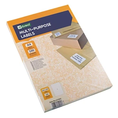 Abbildung von D.RECT Klebeetiketten Universal Etiketten (210x297mm auf DIN A4) bedruckbar selbstklebend 100 Blatt/Packung 1 Etikette/Blatt Stücke weiß