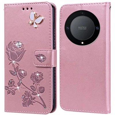 Abbildung von PKQTOP Hülle für Honor Magic5 Lite Handyhülle,Klappbar Tasche Case,Standfunktion,Kartenfach,Silikon Bumper,Stoßfeste Schutzhülle Cover Magic 5