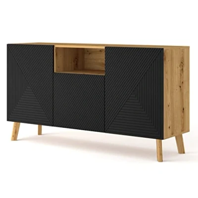 Abbildung von BIM Furniture Kommode LUXI 3D 146 cm Eiche Artisan, Fronten schwarz matt gefräst MDF, Beine aus Massivholz, Sideboard Highboard Schrank, 3 Türen