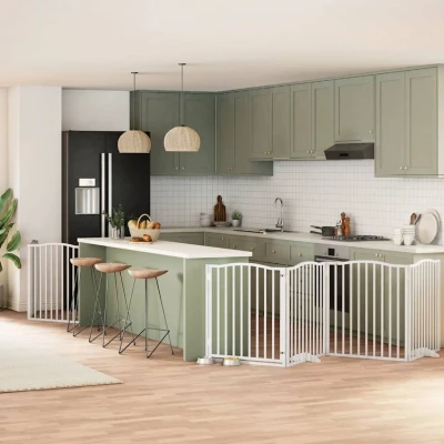 Abbildung von vidaXL 6-tlg. Hundetor mit Tür Faltbar Weiß 480 cm Pappelholz