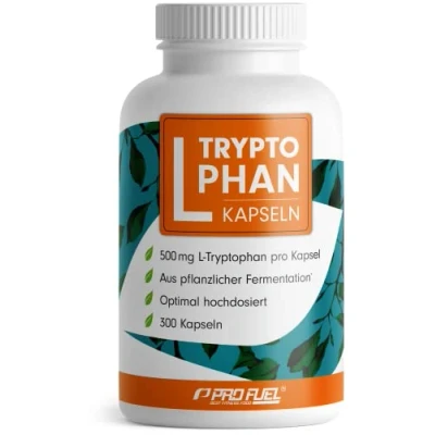 Abbildung von L Tryptophan hochdosiert 300 Kapseln 500mg je Kapsel 10 Monate Reichweite aus pflanzlicher Fermentation laborgeprüft, ohne unerwünschte Zusätze, vegan