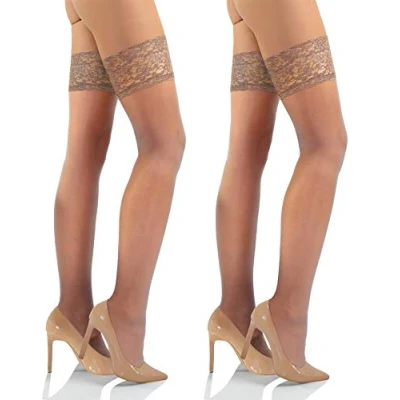 Abbildung von sesto senso Halterlose Strümpfe mit Spitze 2er Pack 15 DEN Feinstrümpfe Damen 3XL/4XL Cypria Beige Hautfarbe