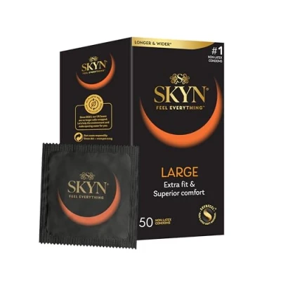Abbildung von SKYN Large Kondome (50 Stück) Skynfeel Latexfreie für Männer, Gefühlsecht Hauchzart, Extra Groß, XXL Grösse Box, Länger &amp; Breiter, 56mm Breite