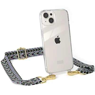 Abbildung von EAZY CASE Handykette Verstellbarer Trageriemen kompatibel mit iPhone 13, Schulterriemen, dünner Riemen, Handykordel Hülle, Schultertasche, Lila/Grün Clip Gold