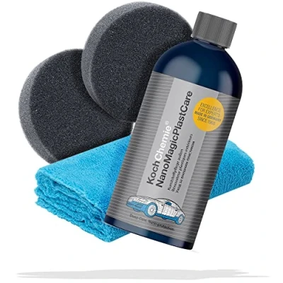 Abbildung von detailmate Kunststoff Pflege Set: Koch Chemie Nano Magic Plast Care Kunststoffpflege außen 500ml + Applikationsschwamm extra Flauschiges Mikrofasertuch 40x40cm, 450 GSM