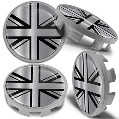 Abbildung von Biomar Labs 4 x 68mm Felgendeckel Nabenkappen Nabendeckel Kappen Radnabendeckel Nabendeckung Radkappen Kompatibel für Artikelnummer 36136783536 Alufelgen Deckel UK Union Jack Flagge Silber CBS 9