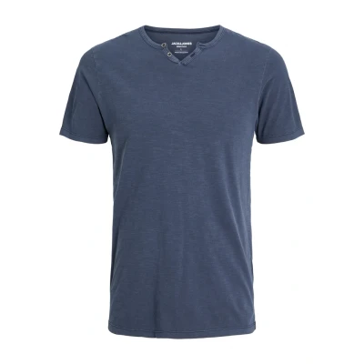 Abbildung von JACK &amp; JONES Herren Basic T Shirt V Ausschnitt Kurzarm Jersey Baumwolle mit Knöpfen JJESPLIT, Farben:Navy, Größe:XXL