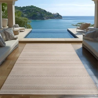 Abbildung von Carpetsale24 Outdoor Teppich Beige 120x170 cm, Wetterfest &amp; UV beständig, ideal für Küche, Balkon, Terrasse, Garten auch Wohnzimmer und Esszimmer, Skandinavisches Boho Design, Leicht zu Reinigen